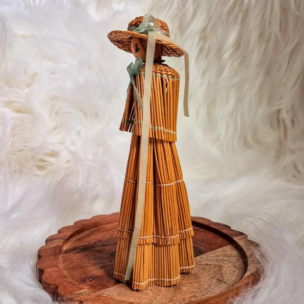 Straw Doll Figurine Woman in Dress Hat Shawl Hand Painted Folk Art Decor